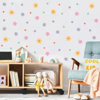 Colorful flower and dot wall decals arranged in a scattered pattern.